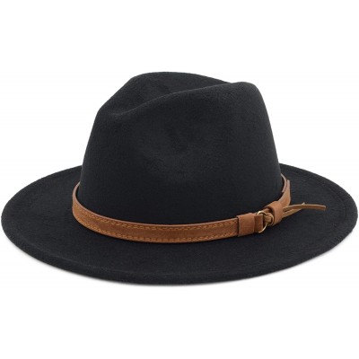 Fedoras Classic Wide Brim Women Men Fedora Hat with Belt Buckle Felt Panama Hat - Black - C218A8CGYQK $10.48
