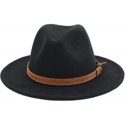 Fedoras Classic Wide Brim Women Men Fedora Hat with Belt Buckle Felt Panama Hat - Black - C218A8CGYQK $10.48