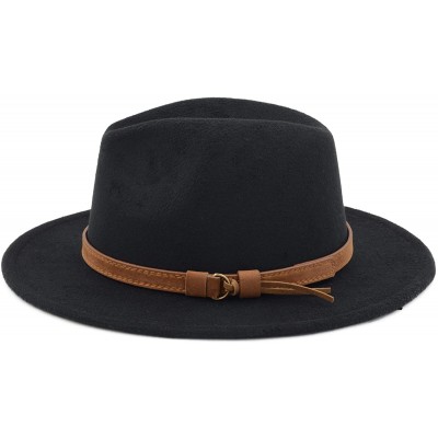 Fedoras Classic Wide Brim Women Men Fedora Hat with Belt Buckle Felt Panama Hat - Black - C218A8CGYQK $10.48