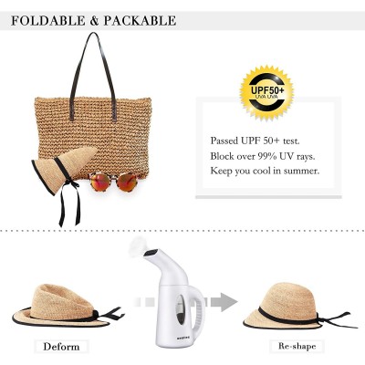 Sun Hats Womens UPF 50+ Wide Brim Panama Straw Hat Foldable Fedora Beach Sun Hat - Beige(0118) - CR18NH4U68G $12.42