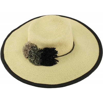 Sun Hats 2tone Ruffle Pom Poms Floppy Wide Brim Summer Derby Dressy Sun Hat - Black - CS18D38YG93 $15.31