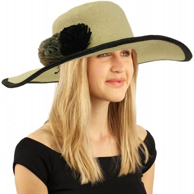 Sun Hats 2tone Ruffle Pom Poms Floppy Wide Brim Summer Derby Dressy Sun Hat - Black - CS18D38YG93 $15.31