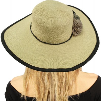 Sun Hats 2tone Ruffle Pom Poms Floppy Wide Brim Summer Derby Dressy Sun Hat - Black - CS18D38YG93 $15.31