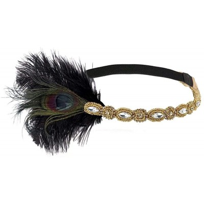 Headbands 1920s Flapper Headbands Great Gatsby Rhinestone Headpiece with Peacock Feather Jewel Hair Accessories - Golden - CE...