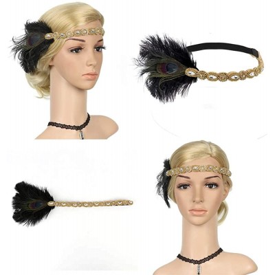 Headbands 1920s Flapper Headbands Great Gatsby Rhinestone Headpiece with Peacock Feather Jewel Hair Accessories - Golden - CE...