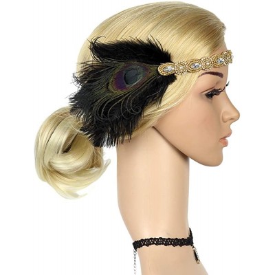 Headbands 1920s Flapper Headbands Great Gatsby Rhinestone Headpiece with Peacock Feather Jewel Hair Accessories - Golden - CE...