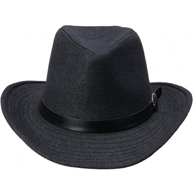 Cowboy Hats Unisex Straw Cowboy Belted Panama Hat Summer Sun Jazz Cap - Black - CI11L9QJDOZ $19.03