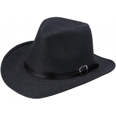 Cowboy Hats Unisex Straw Cowboy Belted Panama Hat Summer Sun Jazz Cap - Black - CI11L9QJDOZ $8.90