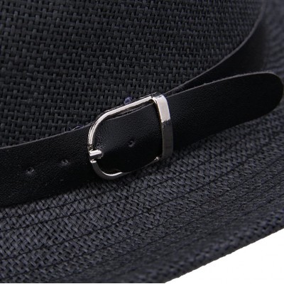 Cowboy Hats Unisex Straw Cowboy Belted Panama Hat Summer Sun Jazz Cap - Black - CI11L9QJDOZ $8.90