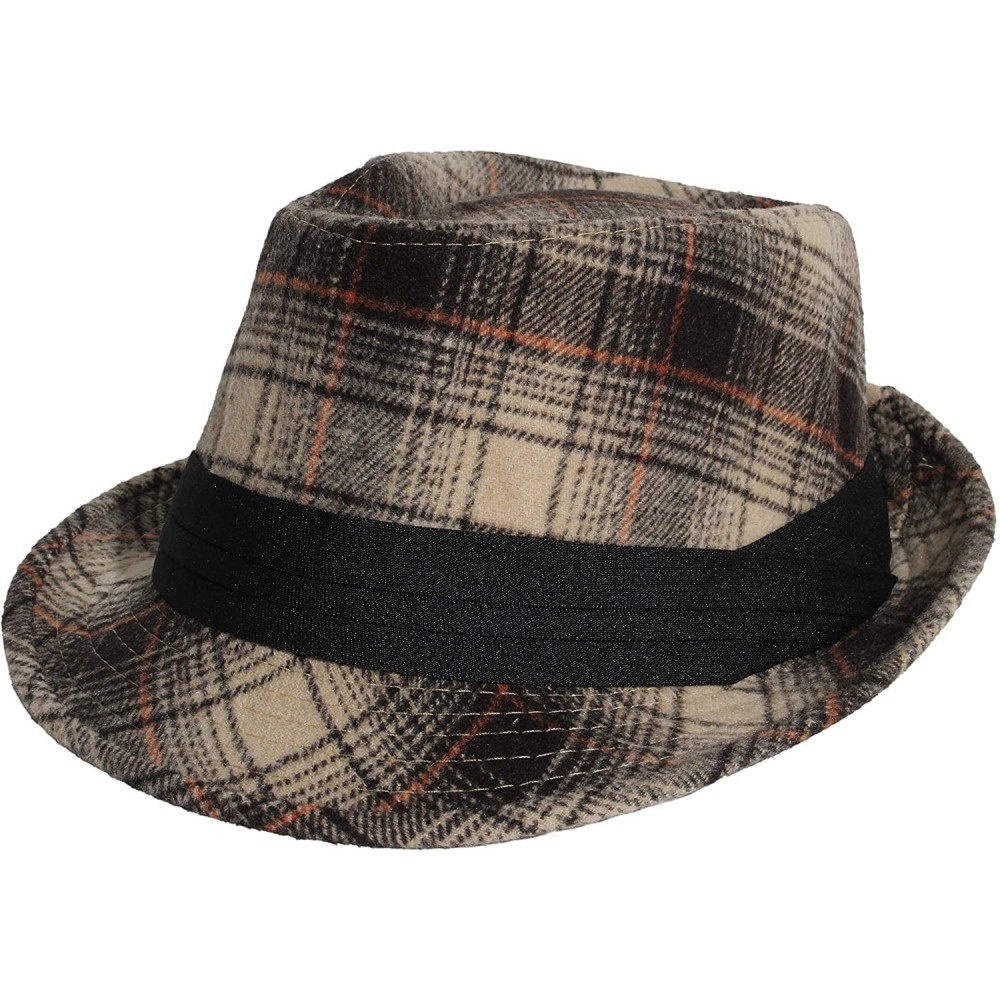 Fedoras Men's Women's Manhattan Structured Gangster Trilby Wool Fedora Hat Classic Timeless Light Weight - Brown Checked - CI...