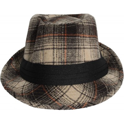 Fedoras Men's Women's Manhattan Structured Gangster Trilby Wool Fedora Hat Classic Timeless Light Weight - Brown Checked - CI...