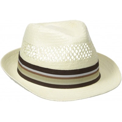 Fedoras Men's Vented Toyo Straw Fedora with Striped Ribbon Band - Natural - CB11XKHXJNR $43.13