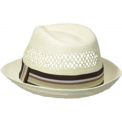 Fedoras Men's Vented Toyo Straw Fedora with Striped Ribbon Band - Natural - CB11XKHXJNR $43.13