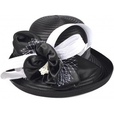 Sun Hats Kentucky Derby Church Dress Hat Wide Brim Leaf Flower Bridal Shower Hat - Satin-black/White - CQ18CG92SII $22.51