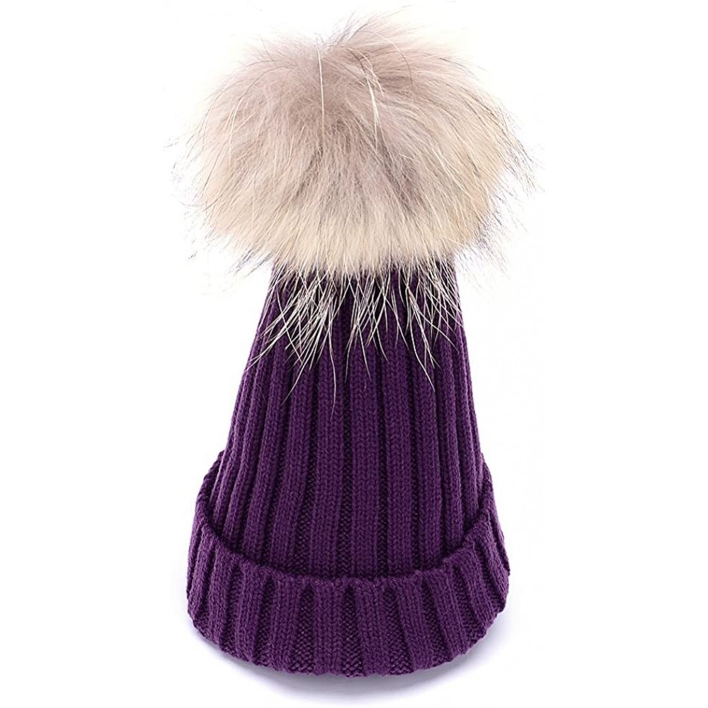 Skullies & Beanies Womens Girls Knitted Fur Hat Real Large Silver Fox Fur Pom Pom Beanie Hats - Purple(real Raccoon Fur) - CU...