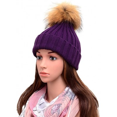 Skullies & Beanies Womens Girls Knitted Fur Hat Real Large Silver Fox Fur Pom Pom Beanie Hats - Purple(real Raccoon Fur) - CU...