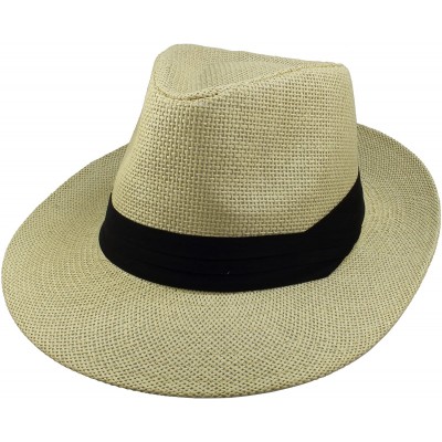 Fedoras Wide Brim Summer Fedora Panama Straw Hats with Black Band - Beige - C118CW4EZQY $14.15