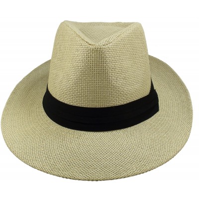 Fedoras Wide Brim Summer Fedora Panama Straw Hats with Black Band - Beige - C118CW4EZQY $14.15