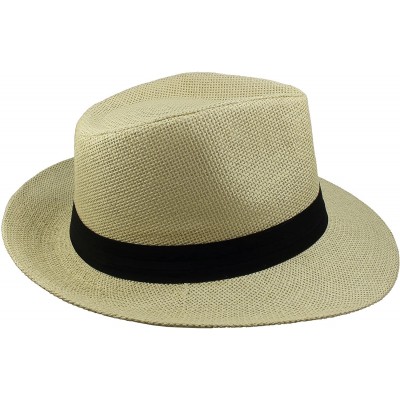 Fedoras Wide Brim Summer Fedora Panama Straw Hats with Black Band - Beige - C118CW4EZQY $14.15