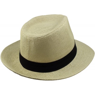 Fedoras Wide Brim Summer Fedora Panama Straw Hats with Black Band - Beige - C118CW4EZQY $14.15