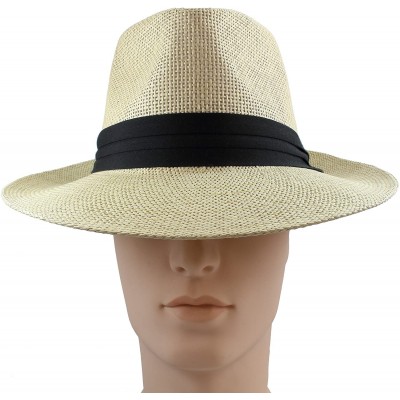 Fedoras Wide Brim Summer Fedora Panama Straw Hats with Black Band - Beige - C118CW4EZQY $14.15