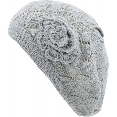 Berets Womens Crochet Flower Beanie Hats Lightweight Cutout Knit Beret Fashion Cap - Light Gray Diamond Stripe - CB12LCQ65BP ...