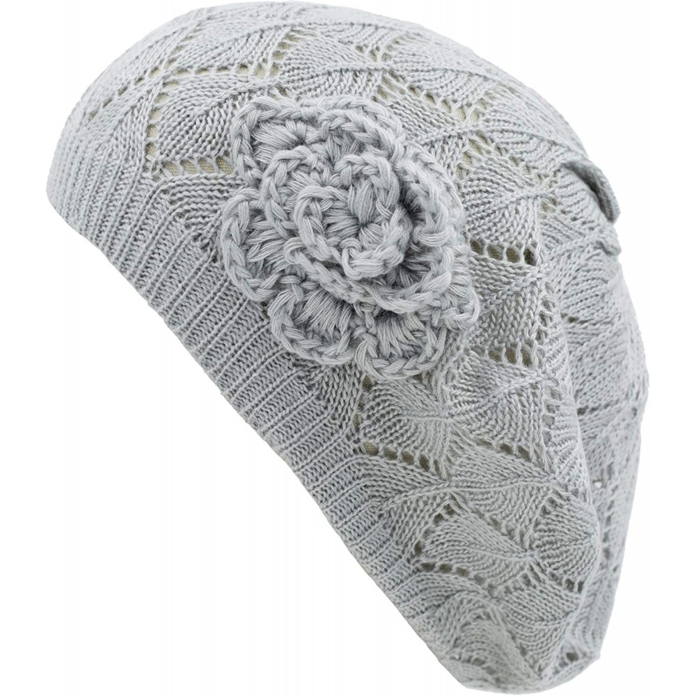 Berets Womens Crochet Flower Beanie Hats Lightweight Cutout Knit Beret Fashion Cap - Light Gray Diamond Stripe - CB12LCQ65BP ...