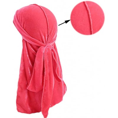 Skullies & Beanies Men's Soft Velvet Long Tail Wide Straps Durag Solid Color Cap Turban Headwrap - Neon Pink - CB18GRCWYLC $2...