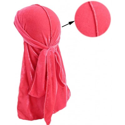 Skullies & Beanies Men's Soft Velvet Long Tail Wide Straps Durag Solid Color Cap Turban Headwrap - Neon Pink - CB18GRCWYLC $1...