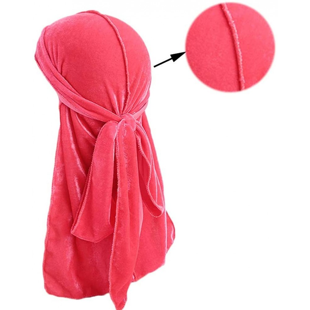 Skullies & Beanies Men's Soft Velvet Long Tail Wide Straps Durag Solid Color Cap Turban Headwrap - Neon Pink - CB18GRCWYLC $1...