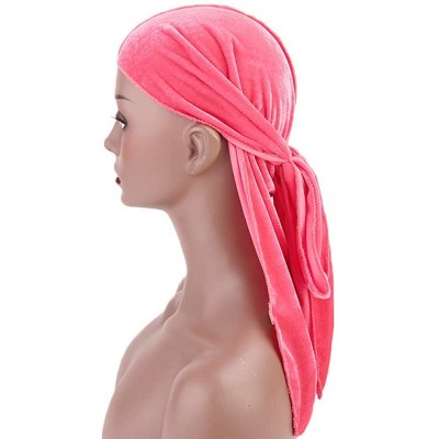 Skullies & Beanies Men's Soft Velvet Long Tail Wide Straps Durag Solid Color Cap Turban Headwrap - Neon Pink - CB18GRCWYLC $1...