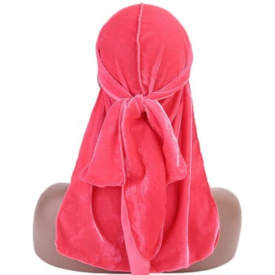 Skullies & Beanies Men's Soft Velvet Long Tail Wide Straps Durag Solid Color Cap Turban Headwrap - Neon Pink - CB18GRCWYLC $1...