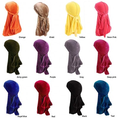 Skullies & Beanies Men's Soft Velvet Long Tail Wide Straps Durag Solid Color Cap Turban Headwrap - Neon Pink - CB18GRCWYLC $1...