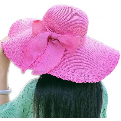 Sun Hats Women's Summer Folable Floppy Straw Hat Big Bowknot Wide Brim Beach Sun Hat - Rose Red - CH183YCSCZ3 $8.31