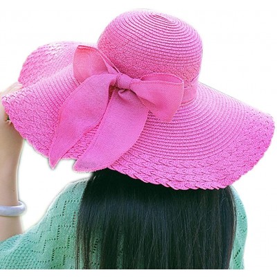 Sun Hats Women's Summer Folable Floppy Straw Hat Big Bowknot Wide Brim Beach Sun Hat - Rose Red - CH183YCSCZ3 $8.31