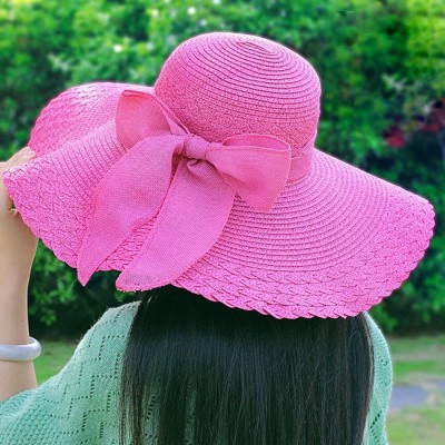 Sun Hats Women's Summer Folable Floppy Straw Hat Big Bowknot Wide Brim Beach Sun Hat - Rose Red - CH183YCSCZ3 $8.31