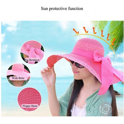 Sun Hats Women's Summer Folable Floppy Straw Hat Big Bowknot Wide Brim Beach Sun Hat - Rose Red - CH183YCSCZ3 $8.31