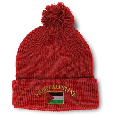 Skullies & Beanies Winter Pom Pom Beanie for Men & Women Free Palestine Flag Embroidery 1 Size - Red - C218ZH6535I $14.69