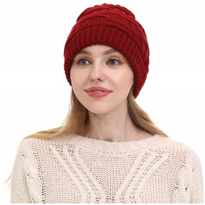 Skullies & Beanies Women's Fleece Lined Beanie Winter caps Warm Cable Knit Beanie Hat Ski Skull Cap Outdoor Hats - Jm-wine Re...