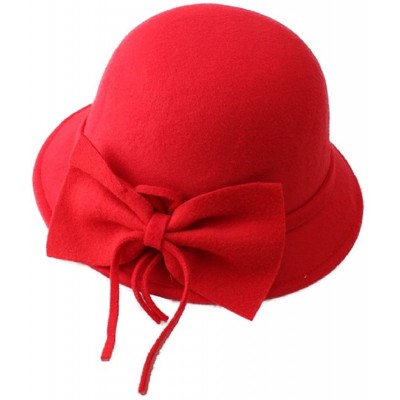 Bucket Hats Women's Bowknot Felt Cloche Bucket Hat Dress Winter Cap Fashion - Red - CF1880ULNYG $16.53