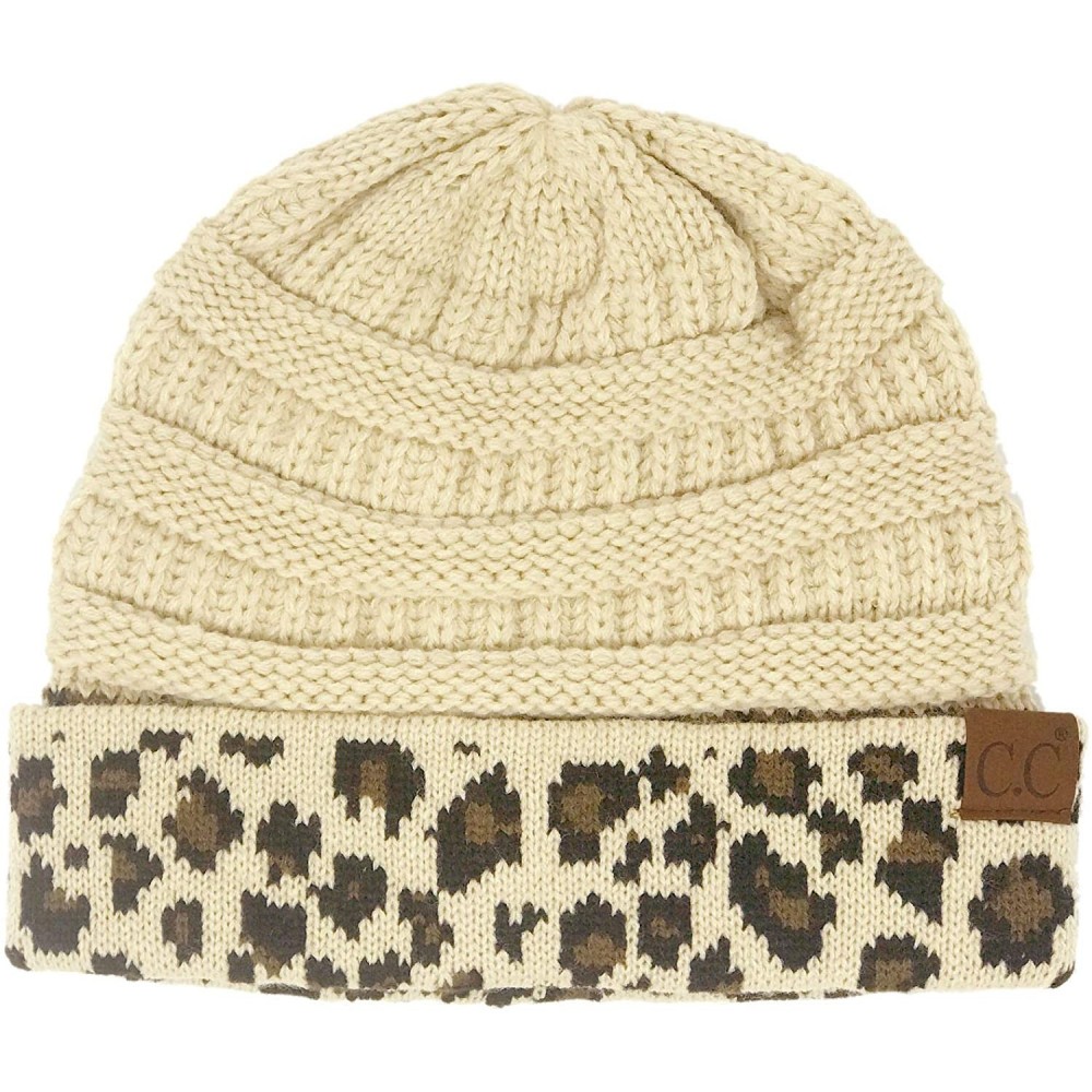 Skullies & Beanies Winter Fall Trendy Chunky Stretchy Cable Knit Beanie Hat - Leopard Beige - CX18Y23IWQO $10.61