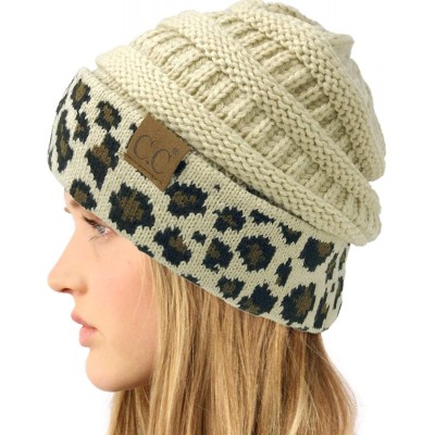 Skullies & Beanies Winter Fall Trendy Chunky Stretchy Cable Knit Beanie Hat - Leopard Beige - CX18Y23IWQO $10.61