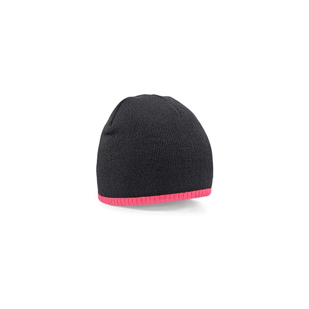 Skullies & Beanies Mens Pull on Warm Knitted Beanie Ski Hat with Contrast Trim - Black/Fluorescent Pink - CO18AH4RTR3 $10.11