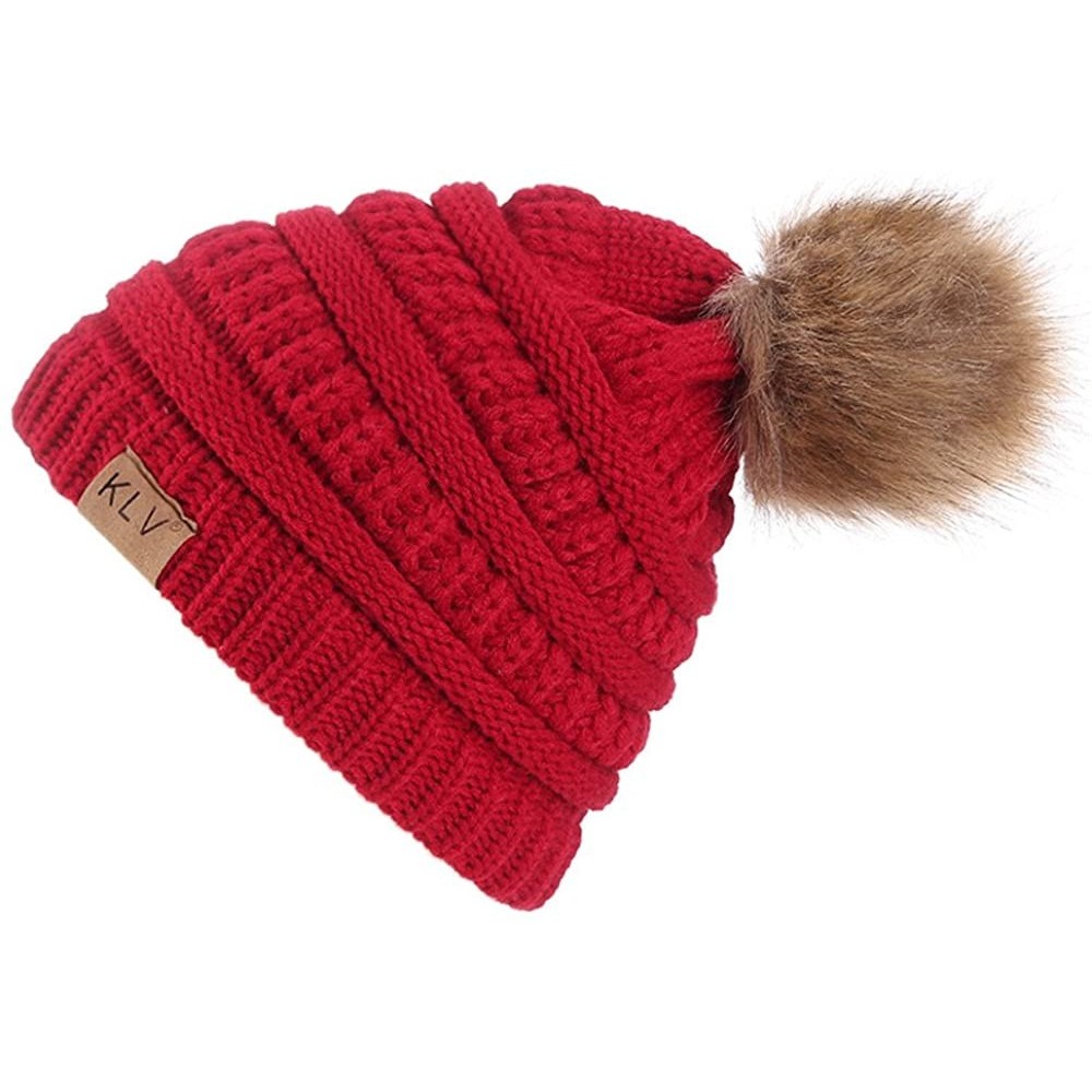 Sun Hats Womens Knit Cap Baggy Warm Crochet Winter Wool Ski Beanie Skull Slouchy Hat - Wine Red - C218IE3D3KW $7.20