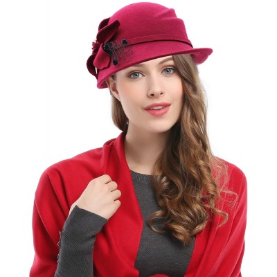 Bucket Hats Womens 1920s Vintage Wool Felt Cloche Bucket Bowler Hat Party Fashion Winter - Style2_burgundy - C618A9LZYHX $17.26