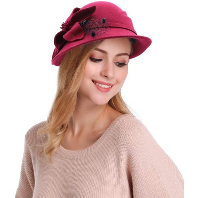 Bucket Hats Womens 1920s Vintage Wool Felt Cloche Bucket Bowler Hat Party Fashion Winter - Style2_burgundy - C618A9LZYHX $17.26