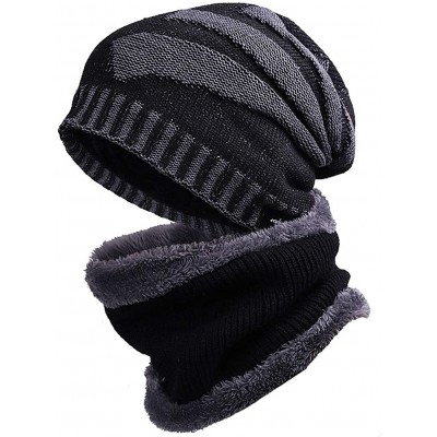 Skullies & Beanies Men Slouchy Knit Beanie Winter Hat with Fleece Thick Scarf Sets - Black Sets - C518ZGHKWDH $20.45