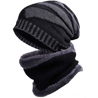 Skullies & Beanies Men Slouchy Knit Beanie Winter Hat with Fleece Thick Scarf Sets - Black Sets - C518ZGHKWDH $10.81