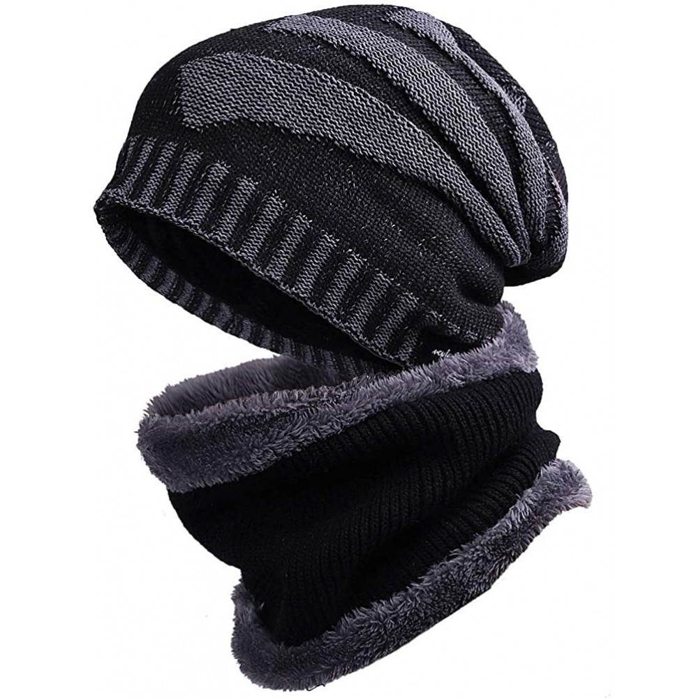 Skullies & Beanies Men Slouchy Knit Beanie Winter Hat with Fleece Thick Scarf Sets - Black Sets - C518ZGHKWDH $10.81