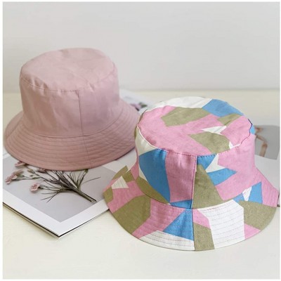 Bucket Hats Reversible Cotton Bucket Hat Multicolored Fisherman Cap Packable Sun Hat - Pink Square - C1197Y2U5OG $13.02